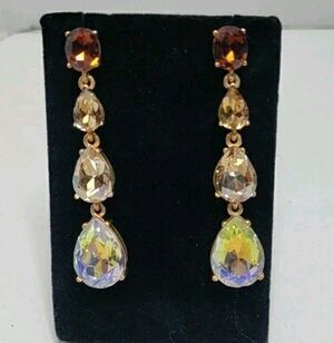 Oscar De La Renta Signed Amber & Aurora Borealis Graduated Dangle Earrings